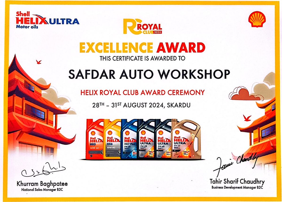 Helix Royal Club Excellence Award 2024 for Safdar Auto Workshop