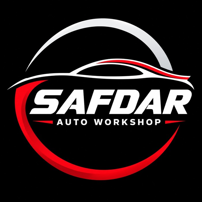 Safdar Auto Workshop logo: a red and white car outline inside a ring